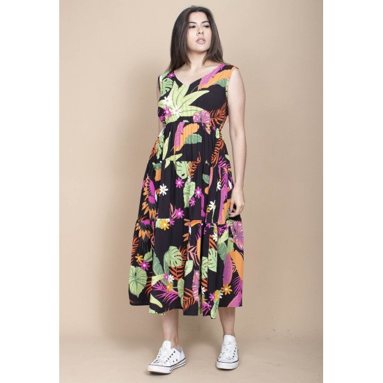 Vestido Regata Longo Peri Viscose Camadas Estampa Noite Botânica