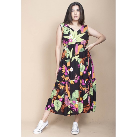Vestido Regata Longo Peri Viscose Camadas Estampa Noite Botânica