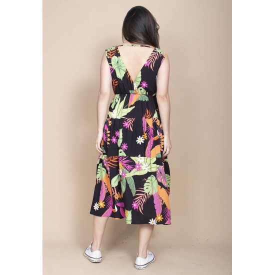 Vestido Regata Longo Peri Viscose Camadas Estampa Noite Botânica