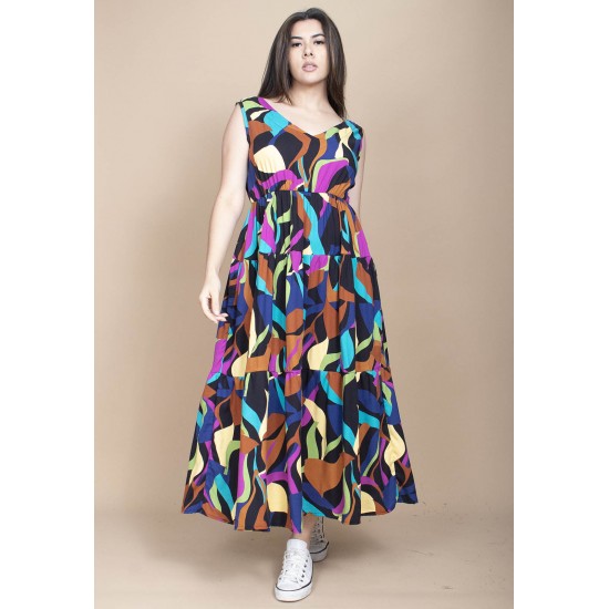 Vestido Regata Longo Peri Viscose Camadas Estampa Aurora Urbana