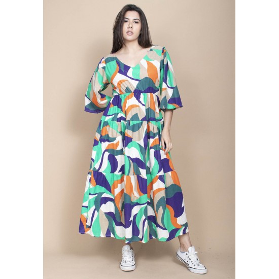 Vestido Longo Plano com Manga e Camadas Estampa Brisa do Mar