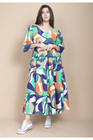 Vestido Longo Plano com Manga e Camadas Estampa Brisa do Mar