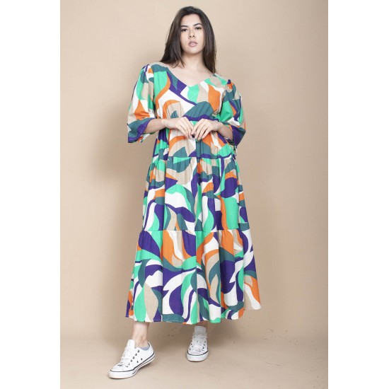 Vestido Longo Plano com Manga e Camadas Estampa Brisa do Mar
