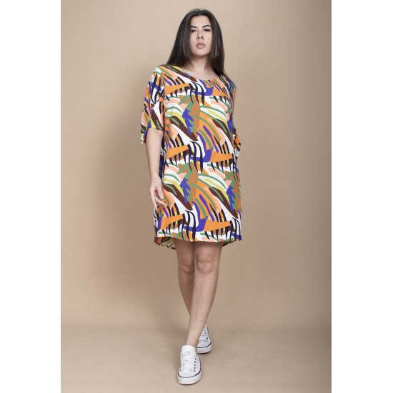 Vestido Curto Plano Estampa Cores Vibrantes