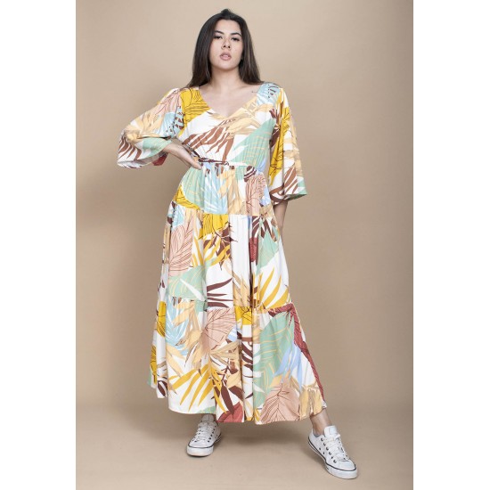 Vestido Longo Plano com Manga e Camadas Estampa Aurora Suave
