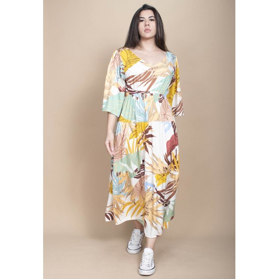 Vestido Longo Plano com Manga e Camadas Estampa Aurora Suave