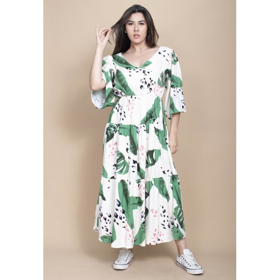 Vestido Longo Plano com Manga e Camadas Estampa Folhagem Poética
