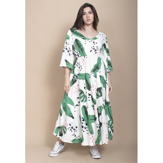 Vestido Longo Plano com Manga e Camadas Estampa Folhagem Poética