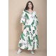 Vestido Longo Plano com Manga e Camadas Estampa Folhagem Poética