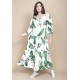 Vestido Longo Plano com Manga e Camadas Estampa Folhagem Poética