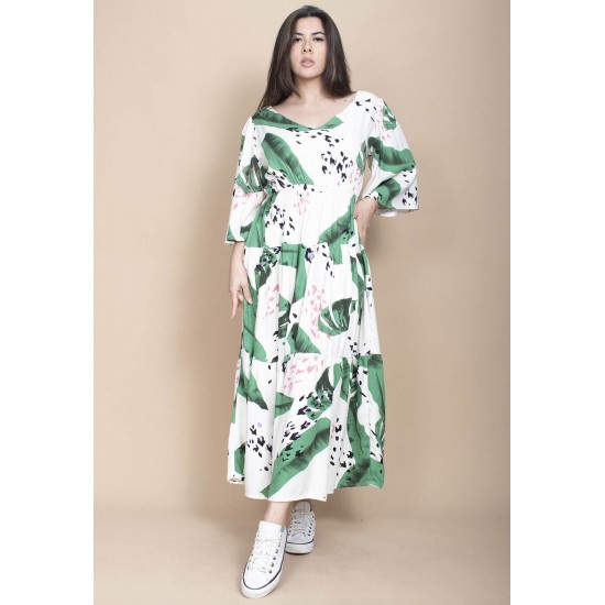 Vestido Longo Plano com Manga e Camadas Estampa Folhagem Poética