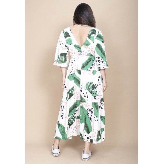 Vestido Longo Plano com Manga e Camadas Estampa Folhagem Poética