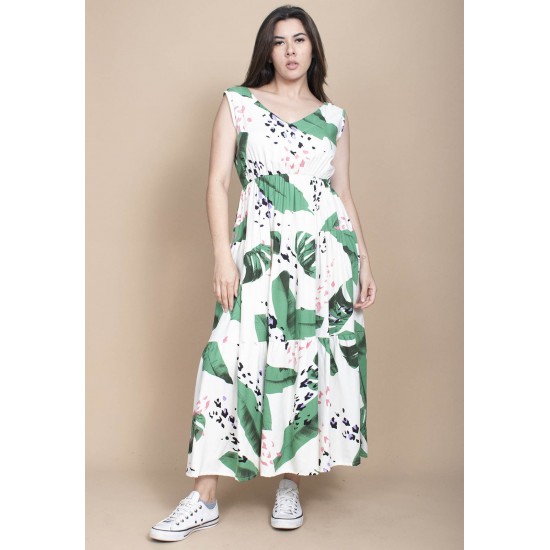 Vestido Regata Longo Peri Viscose Camadas Estampa Folhagem Poética