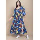Vestido Longo Plano com Manga e Camadas Estampa Maré Vibrante