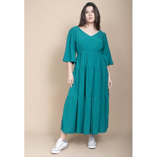 Vestido Longo Plano com Manga e Camadas Verde