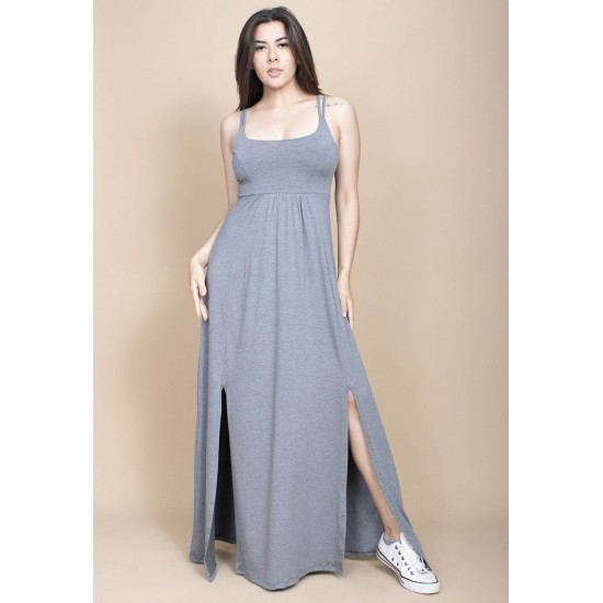 Vestido Longo Jambo Malha Aberturas Cinza