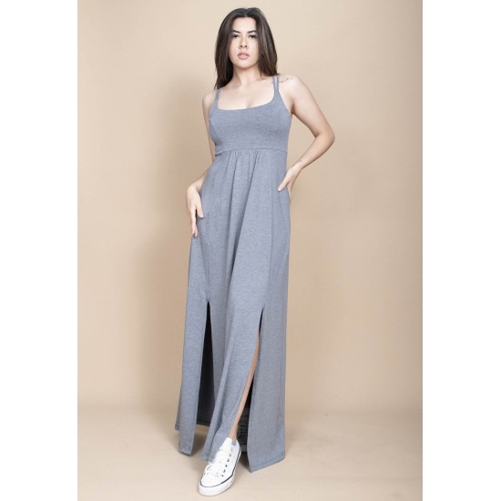 Vestido Longo Jambo Malha Aberturas Cinza