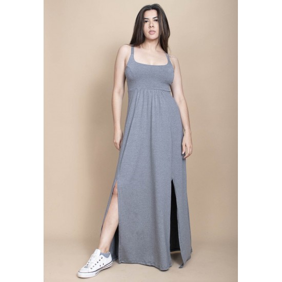 Vestido Longo Jambo Malha Aberturas Cinza