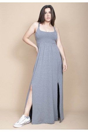 Vestido Longo Jambo Malha Aberturas Cinza