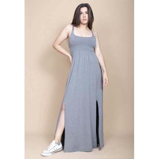 Vestido Longo Jambo Malha Aberturas Cinza
