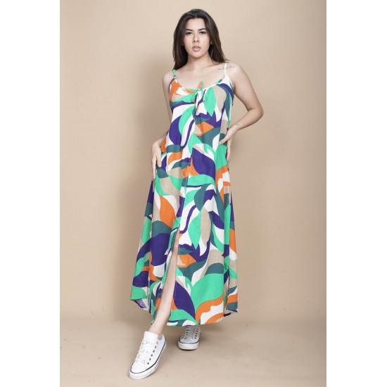 Vestido Longo Caçuá Viscose Alça Fina Estampa Brisa do Mar