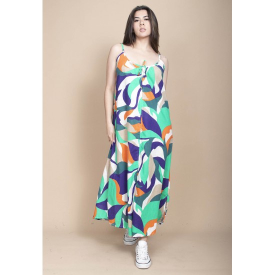 Vestido Longo Caçuá Viscose Alça Fina Estampa Brisa do Mar