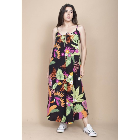 Vestido Longo Caçuá Viscose Alça Fina Estampa Noite Botânica