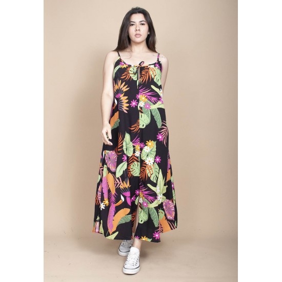 Vestido Longo Caçuá Viscose Alça Fina Estampa Noite Botânica