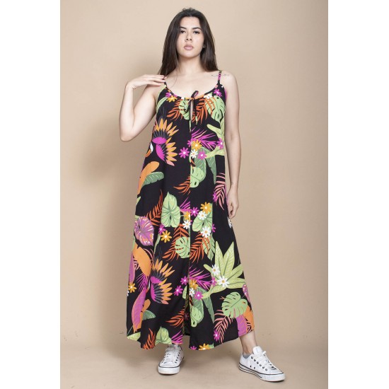 Vestido Longo Caçuá Viscose Alça Fina Estampa Noite Botânica