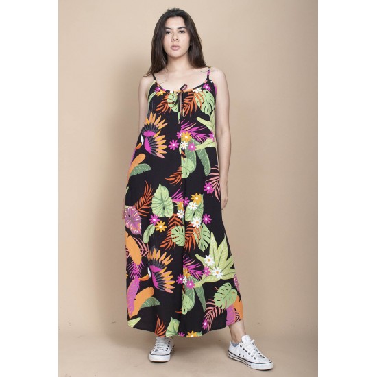 Vestido Longo Caçuá Viscose Alça Fina Estampa Noite Botânica
