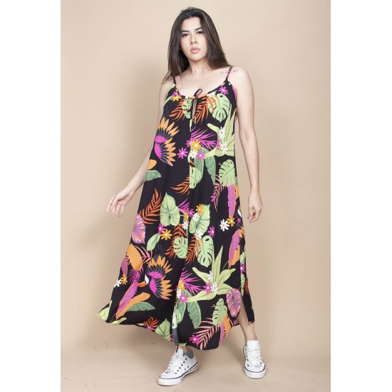 Vestido Longo Caçuá Viscose Alça Fina Estampa Noite Botânica