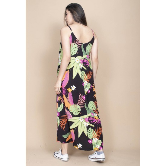 Vestido Longo Caçuá Viscose Alça Fina Estampa Noite Botânica
