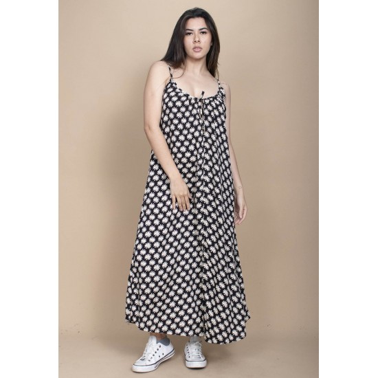 Vestido Longo Caçuá Viscose Alça Fina Estampa Encanto das Margaridas