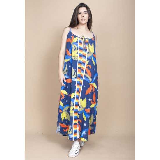 Vestido Longo Caçuá Viscose Alça Fina Estampa Maré Vibrante