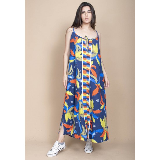 Vestido Longo Caçuá Viscose Alça Fina Estampa Maré Vibrante