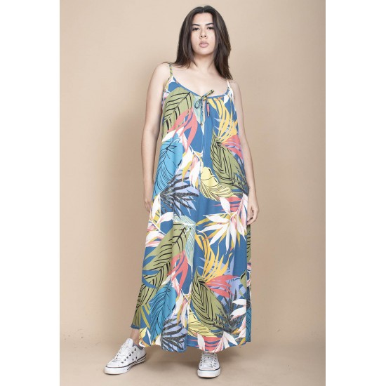 Vestido Longo Caçuá Viscose Alça Fina Estampa Brisa Botânica