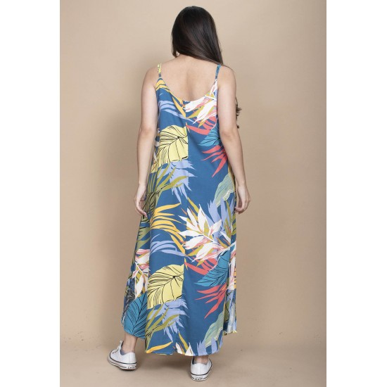Vestido Longo Caçuá Viscose Alça Fina Estampa Brisa Botânica