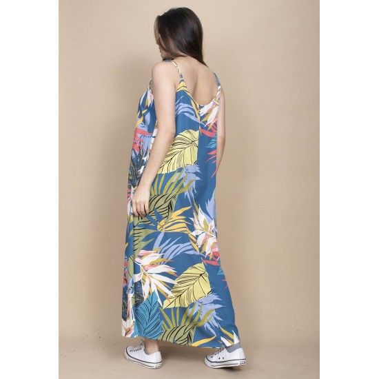 Vestido Longo Caçuá Viscose Alça Fina Estampa Brisa Botânica