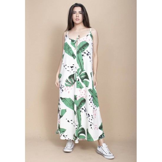Vestido Longo Caçuá Viscose Alça Fina Estampa Folhagem Poética