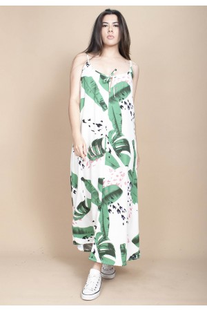 Vestido Longo Caçuá Viscose Alça Fina Estampa Folhagem Poética
