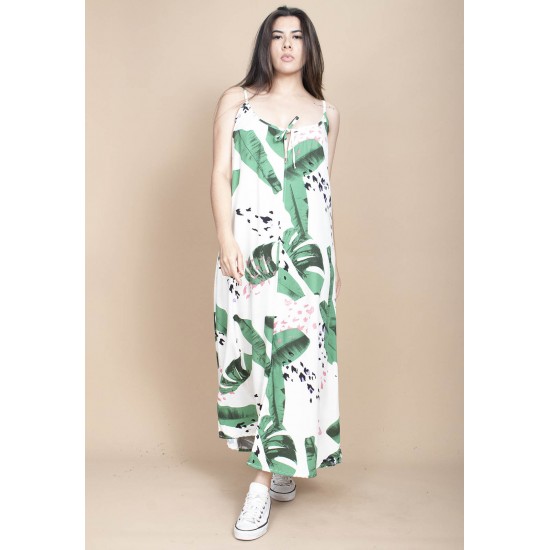 Vestido Longo Caçuá Viscose Alça Fina Estampa Folhagem Poética