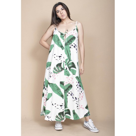 Vestido Longo Caçuá Viscose Alça Fina Estampa Folhagem Poética