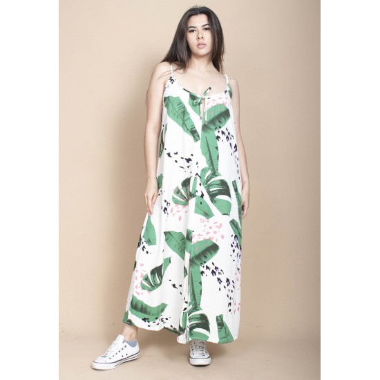 Vestido Longo Caçuá Viscose Alça Fina Estampa Folhagem Poética