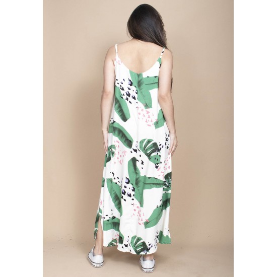 Vestido Longo Caçuá Viscose Alça Fina Estampa Folhagem Poética