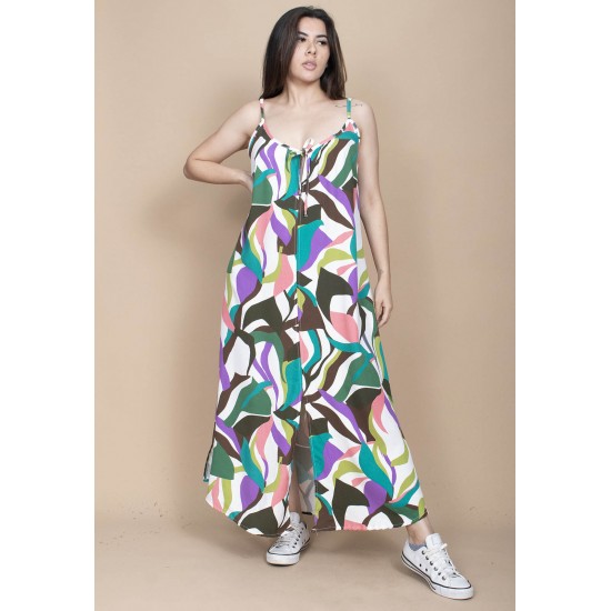 Vestido Longo Caçuá Viscose Alça Fina Estampa Encanto Botânico
