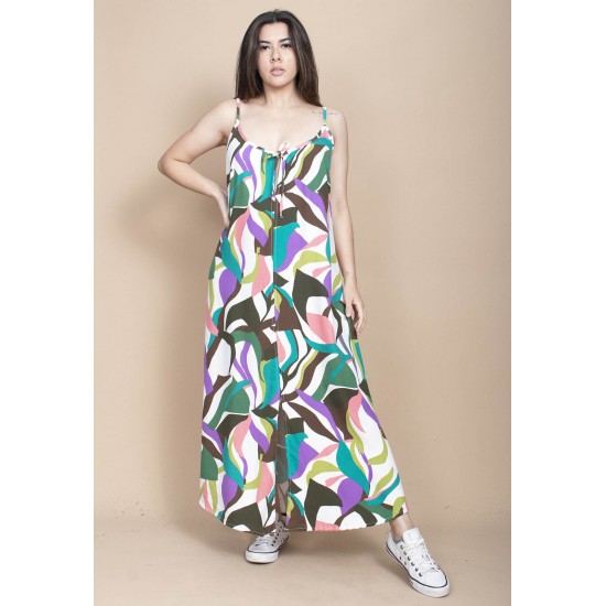 Vestido Longo Caçuá Viscose Alça Fina Estampa Encanto Botânico