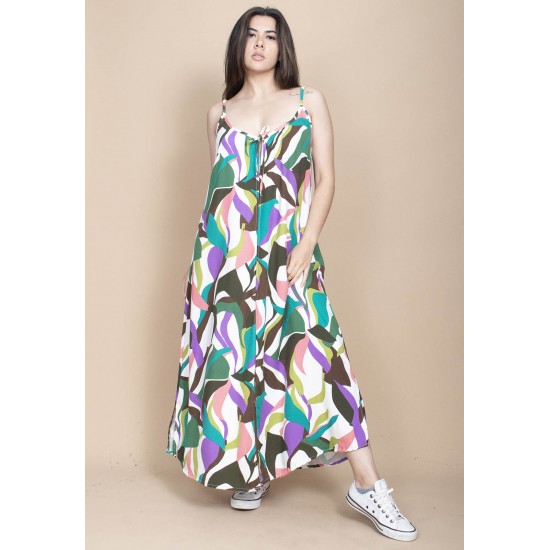 Vestido Longo Caçuá Viscose Alça Fina Estampa Encanto Botânico