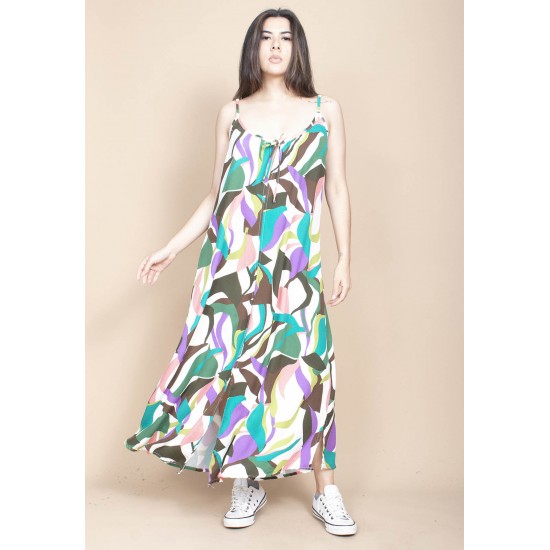 Vestido Longo Caçuá Viscose Alça Fina Estampa Encanto Botânico