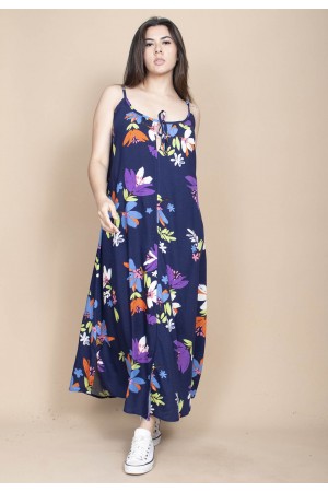 Vestido Longo Caçuá Viscose Alça Fina Estampa Festa das Flores Azul