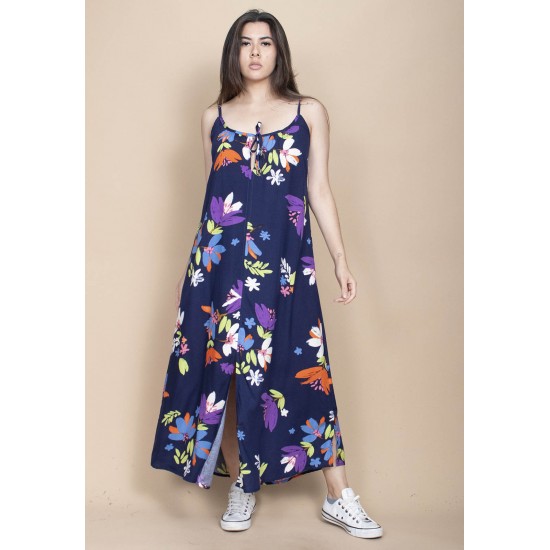 Vestido Longo Caçuá Viscose Alça Fina Estampa Festa das Flores Azul